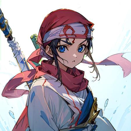 ((masterpiece,best quality,ultra-detailed)), 1girl, solo, kyoukai, scarf, headband, weapon, <lora:kyoukai-v1lite-000001:1>