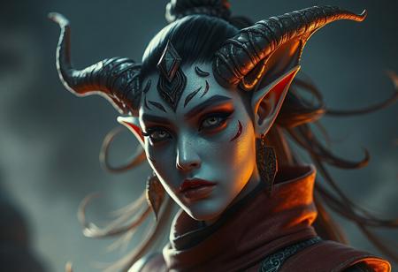 "Create a highly detailed, cinematic 8k character concept art of a female djinn-woman-demon hybrid, inspired by Xia Gui and Guan Daosheng, with two pointed ears, sekiro-inspired details, and skeksis elements. The character should be dressed, and have a hyper-realistic, epic lighting composition. This piece should reflect the golden ratio, and be trending-worthy on Artstation."