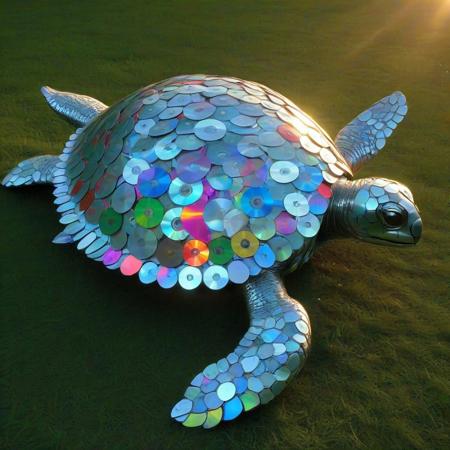 sea turtle made of cd's, Turtle Sculpture, CD Discs, Recycled Art, Colorful Reflective Surface, Creative Design, 3D Art Installation, Environmental Art, Upcycled Materials, Nature-Inspired, Artistic Composition, Playful Appearance, Shimmering Effect, Textured Shell, Eco-Friendly Artwork, Whimsical Style