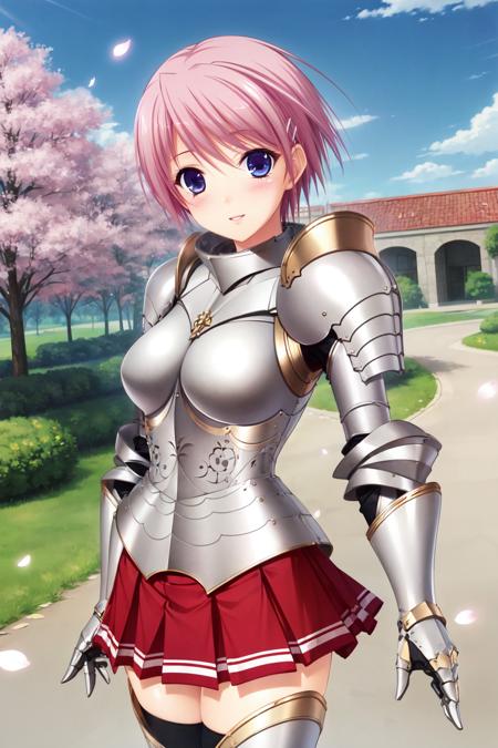 mioarm, 1girl, solo, hairclip, shoulder armor, breastplate, gauntlets, pleated skirt, armored boots, thighhighs, armor, petals, sky, day, blush, cherry blossoms, smile, parted lips, looking at viewer, cowboy shot,  <lora:miowal_V3-11:0.7>