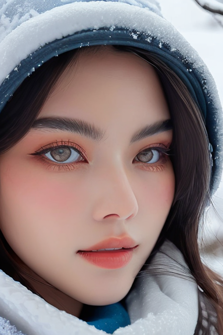 (close-up:1.4),winter ,snowy,(RAW photo:1.2), (photorealistic:1.4),(masterpiece:1.3),(best quality,1girl, closed mouth,:1.4), dreamlike, (detailed eyes),(detailed facial features), (detailed clothes features) 1boy,solo, black hair, black eyes, crystal pendant, Long blue scarf,White long wool coat,(detailed face), grunge,(high detailed skin:1.2),soft lighting, high quality, <lora:maidavikav1_ghotilafish:1>