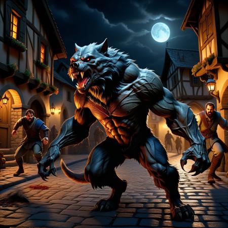 Ultra realistic color pencil  image of
a wounded werewolf attacking villagers on the street in a medieval village at night.
BREAK
Dark theme, dynamic lighting, (soft shadows), (soft focus), (photo realistic), uhd, 8k