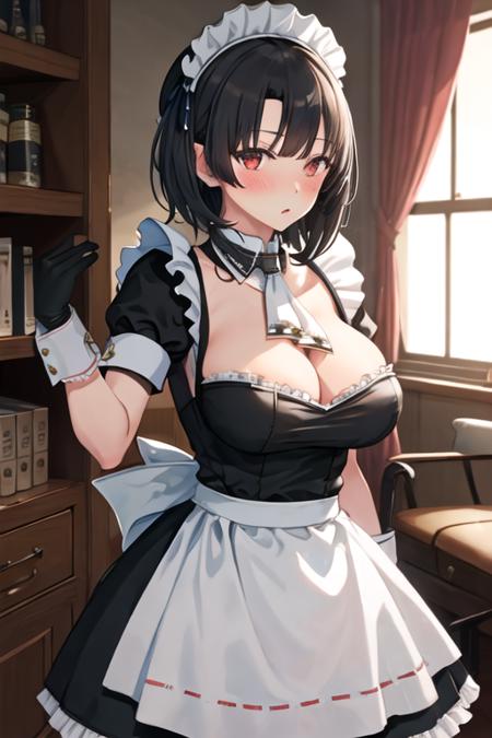 best quality, masterpiece, highres, solo, {maid:1.40}, {long maid dress:1.15}, {takao_kantaicollection:1.15}, black_hair, short_hair, red_eyes, breasts, hat, large_breasts, beret, military, blush