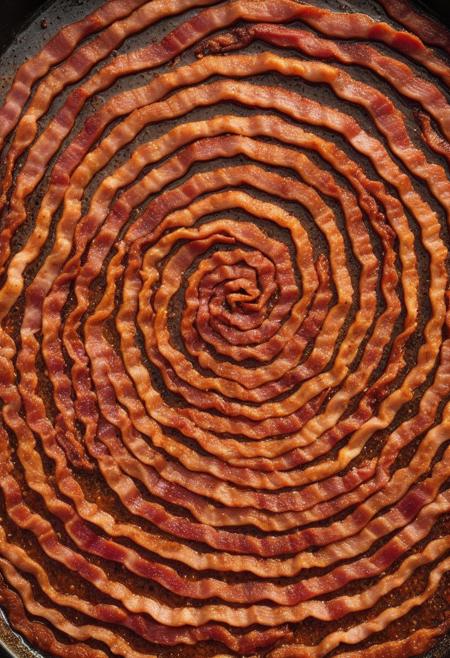 An immense labyrinth where the walls are colossal slabs of stacked, crispy bacon, their surfaces lightly dusted with crushed black pepper and sea salt. The pathways are paved with thin, interwoven strips of caramelized pork, gently shifting as waves of sizzling heat rise from below. Hidden pools of molten, smoky butter dot the maze, their surfaces glowing with a rich, golden hue. Overhead, delicate strands of maple-glazed pork drift in slow spirals, suspended by invisible currents of warm air. Faint echoes of distant sizzling guide the lost travelers through the maze, as glowing embers pulse softly within the labyrinth's depths.
