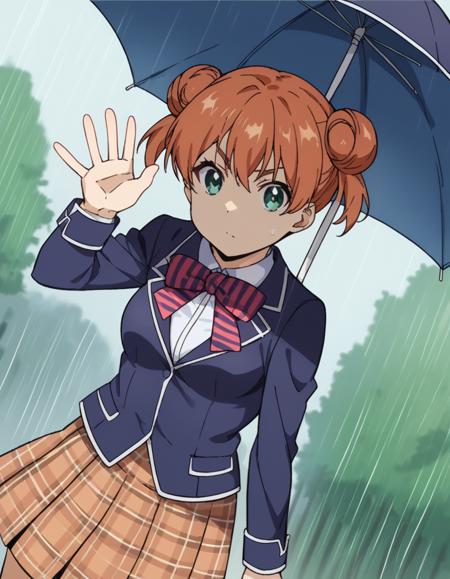 <lora:yuuki-yoshino-s1-ponyxl-lora-nochekaiser:1>, yuuki yoshino, short hair, twintails, green eyes, hair bun, orange hair, double bun, medium breasts, bow, school uniform, striped, bowtie, blazer, striped bowtie, blue blazer, brown skirt, plaid skirt, plaid, chef, pants, white pants,