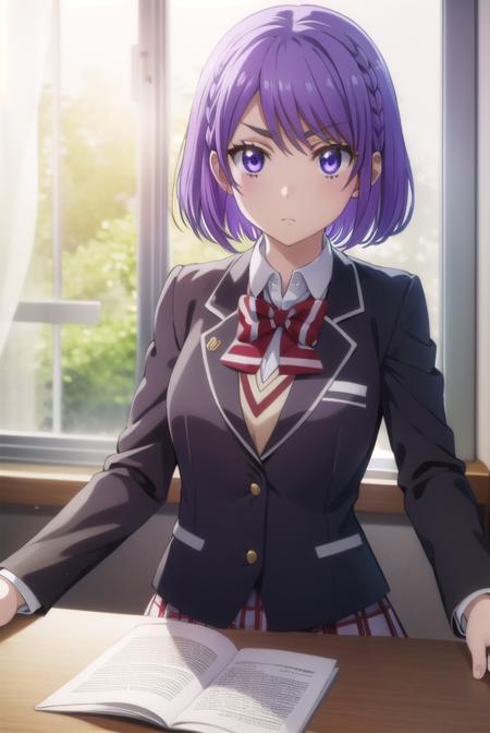 neneodagiri, <lora:nene odagiri s1-lora-nochekaiser:1>,
nene odagiri, short hair, (purple eyes:1.1), purple hair, braid,
BREAK skirt, bow, school uniform, jacket, pleated skirt, plaid, plaid skirt, blazer,
BREAK indoors, classroom,
BREAK looking at viewer,
BREAK <lyco:GoodHands-beta2:1>, (masterpiece:1.2), best quality, high resolution, unity 8k wallpaper, (illustration:0.8), (beautiful detailed eyes:1.6), extremely detailed face, perfect lighting, extremely detailed CG, (perfect hands, perfect anatomy),