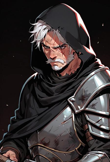 score_9, score_8_up, score_7_up, score_6_up, white hair, messy hair, black eyes, solo, old, very short hair, scar over eye, annoyed look, 1man, bushy beard, large mustache, muscular, dirty, black armor, black cloak, damaged armor, hood up, fighting with a sword, holding sword in hand, injured, 
((Dark background, at night, outside))