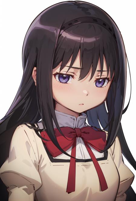 1girl, solo, homura, white background, simple background, school uniform, <lora:homura-000003:0.8>, (masterpiece:1.2), (best quality:1.15), extremely detailed