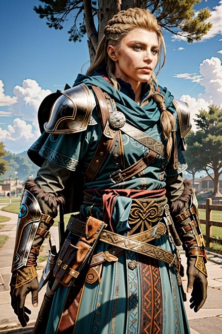 (masterpiece, best quality)
EivorWAssa, solo, blonde hair, brown hair, gloves, weapon, braid, outdoors, sky, day, 1girl, belt, sword, cloud, cape, armor, tree, scar, gauntlets, sheath, realistic
<lora:epi_noiseoffset2:1>  <lora:add_detail:0.7>   <lora:EivorWAssa:0.9>