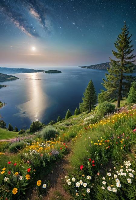 masterpiece, best quality, ultra-detailed, realistic, 8k, pine tree, flowers fields, many kinds of flowers, a couple of rabbits on very distant, lakes, meadows, glitter, moonlight, out-of-this-world scenery, lifelike, naturalism, greatest naturalism photo, immaculate detailed realism photography, rich colors, best colors perfect composition, perfect colors, colorful, clear photo, intrigue nature panorama, delicate nature photo, immaculate micro-details nature elements, (out-of-this-world scenery:1.23), beautiful landscape, beautiful flowers, crystal fantastic, breathtaking beautiful nature, unmatched beauty nature, more nature elements, rich nature elements, beach, (awards winning photography:1.37), trending on artstation, real life photo realistic, perfect proportion, aesthetic, artistic style, surreal, insanely lifelike, top best naturalism photography, greatest detailed, intricate nature details background, depth of field, no human, detailerlora,