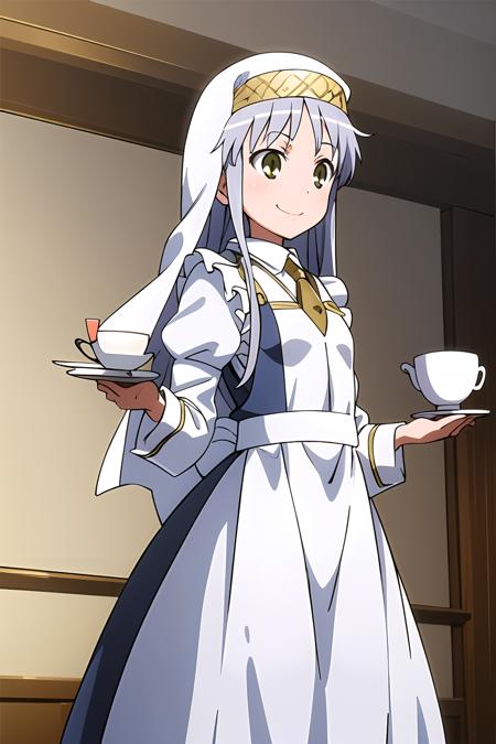 masterpiece, 1girl, index \(toaru majutsu no index\), cute, best quality, silver hair, veil, standing, (maid outfit), frilly dress, maid cafe, confident, proud, smiling, holding cup of coffee, happy, best quality, anime