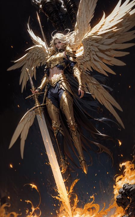 angel,Super powerful flame angel flies out of the clouds, behind him is golden meteor magic surrounding his body, Gothic style, gorgeous golden armor, huge flame great sword, rich background, sword art background, film shooting, depth of field, Super visual, Super visual ,
bare shouldersexposed abdomenFlamboyant armourAngel wings. Huge angel wings
<lora:~Q?-]RQY'Y)OV2 angel:0.8>