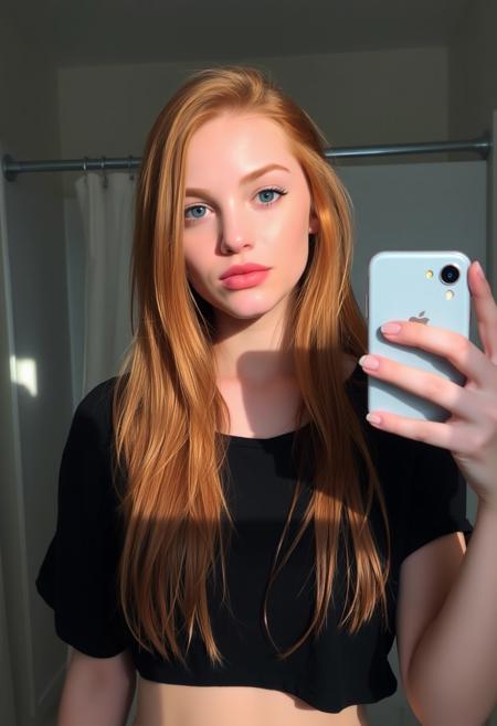 1girl, Irish, 28-years-old, mirror selfie, good lighting, shadows, long orange/red hair with a middle part, cute face, lip gloss, small breasts, wearing causal black loose fitting crop top, 1 iphone 15, digital photography, simple white bathroom shower curtain on silver rod in background, white American girl, amateur selfie, nsfw, no pants, REAL PHOTO, REAL LIFE. low contrast,