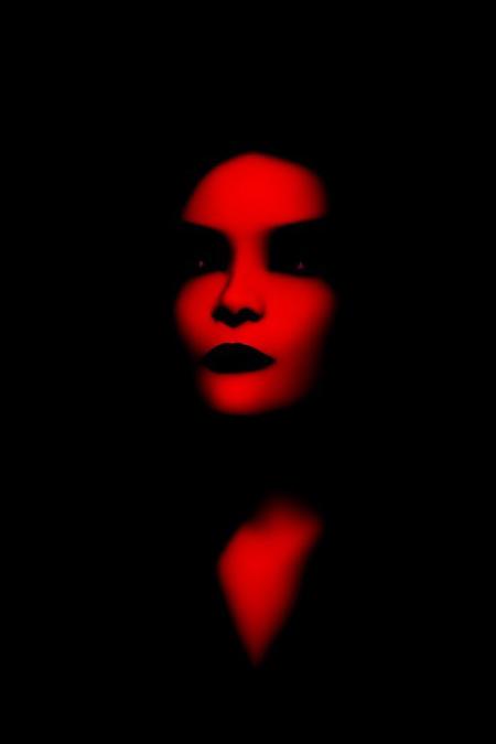 black and white photo, film noir style, Maginifique, young woman, (waist length long hair), demi-corps, Dramatic lighting, (monochromatic), high contrast, ombres dramatiques, 20s style, Mysterious, cinematic, Bright red lips (((Only lips red))), (looking at viewer),