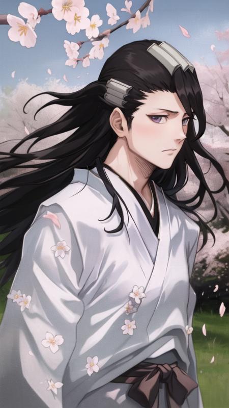 1boy,  <lora:cz_byakuyav2-000002:0.7>, upper body, expressionless, japanese clothes, long hair, solo, cherry blossoms, looking at viewer,