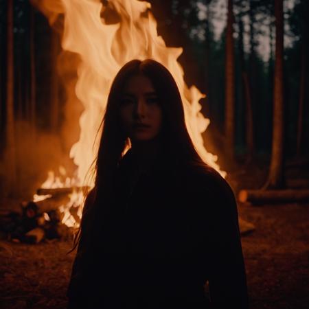 cinematic film still of  <lora:Chiaroscuro Lighting Style:1>
dramatic, cinematic, shadow, partially covered in shadow, a fire camp in the middle of a forest at night Chiaroscuro Lighting Style, long hair, standing, fire, nature, scenery, forest, orange theme, fujiwara no mokou, shallow depth of field, vignette, highly detailed, high budget, bokeh, cinemascope, moody, epic, gorgeous, film grain, grainy