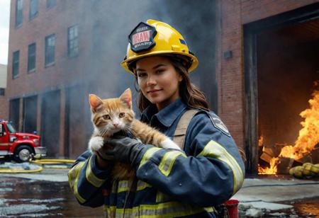 Ultra-detailed [Fujifilm XT 100v] 50mm lens Raw colors photography of a [Gorgeous girl firefighter] outside a burning building, rescuing a kitten, lots of water pouring, ultra realistic masterpiece by Alyssa Monks, high clarity, realistic shading, gradient shadows, volumetric dynamic particles, soft macros, light hue, atmospheric reflections, natural reflexive lighting, cinematic lights, trending at artstation, ray tracing lighting, professional color grade, subsurface scattering, sharp features, gigapixel, 32K, UHD, Style Raw, ultra hd, realistic, vivid colors, highly detailed, UHD drawing, pen and ink, perfect composition, beautiful detailed intricate insanely detailed octane render trending on artstation, 8k artistic photography, photorealistic concept art, soft natural volumetric cinematic perfect light