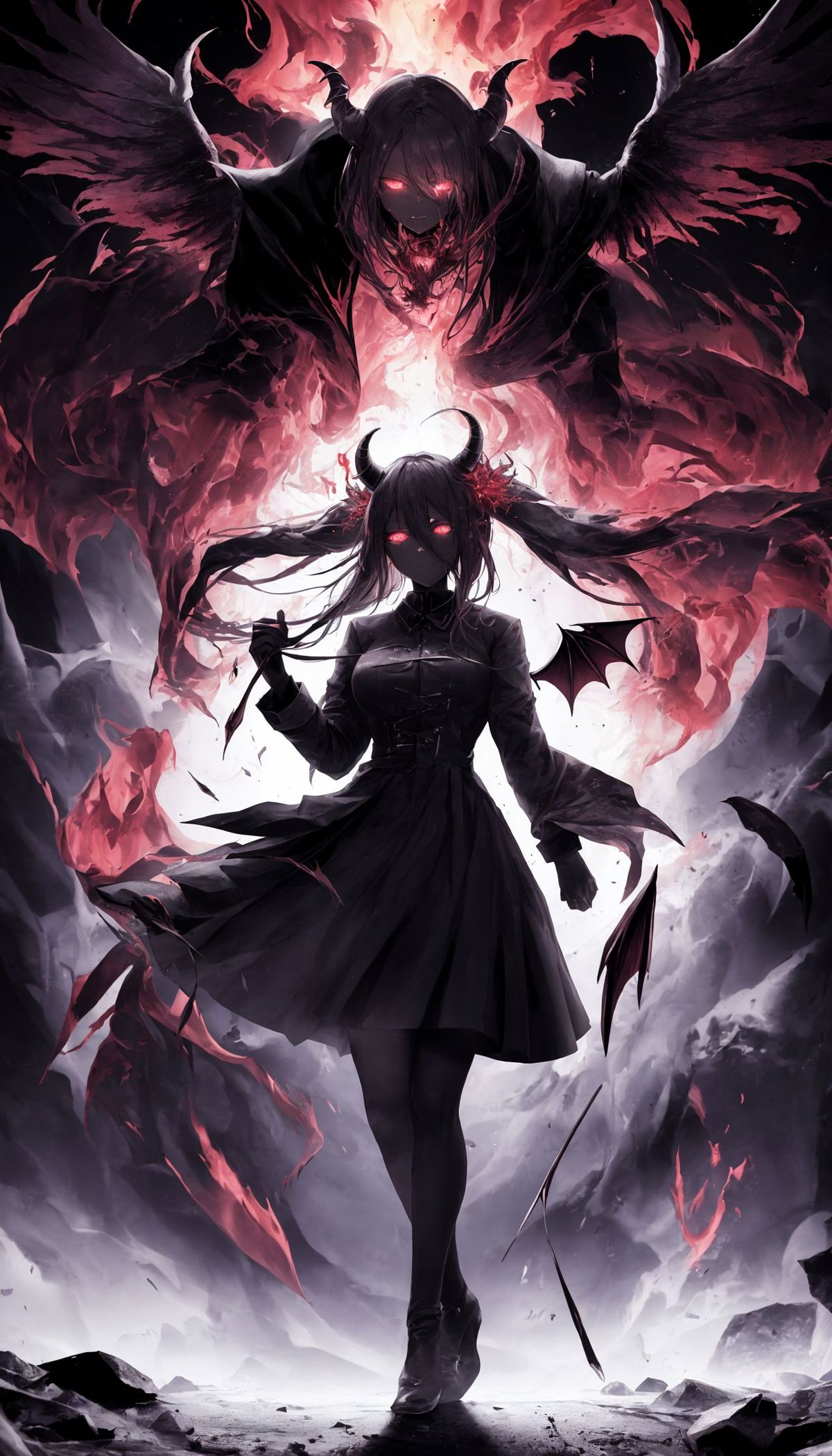 demon anime girl with black hair and red eyes and wings