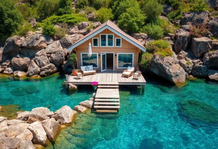 A dreamy summer house in the middle of crystal-clear water, surrounded by rocks and an entrance made from wooden stairs leading to it. The place is decorated with furniture and plants, creating a cozy atmosphere that makes you feel like lounging on the couch or sitting at your desk working. In spring, it's filled with lush greenery and colorful flowers, offering stunning views over the transparent blue waters. I can't believe how beautiful this scene is!