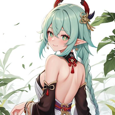 1girl, solo, green eyes, long hair, dress, pointy ears, smile, nahida (genshin impact), looking at viewer, white dress, hair ornament, braid, multicolored hair, bangs, white hair, symbol-shaped pupils, gradient hair, aged up, green hair, hair between eyes, bare shoulders, leaf hair ornament, cross-shaped pupils, breasts, alternate hairstyle, white background, closed mouth, looking back, detached sleeves, single braid, jewelry, very long hair, bracelet, alternate costume, backless dress, from behind, blush, masterpiece, best quality,