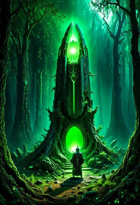 Enter a realm forsaken by the gods, a necrotic wood where the very air reeks of decay and rot. Twisted, gnarled trunks claw at the sanguine sky, their grasping branches like the skeletal fingers of long-dead sorcerers. Mist swirls between the boles, clinging to the earth like a burial shroud.
Shattered monuments to forgotten deities dot the forest floor, their crumbling stones covered in lichen and mold. Bone fragments, bleached white and picked clean, lay scattered among the detritus, mute testimony to unspeakable rites conducted in ages past.
At the heart of this blighted clearing rises a dais of obsidian, polished smooth as if by the touch of a thousand year's worth of worshippers. Upon its altar-top surface, a pulsating organ of indeterminate origin throbs with an eerie, otherworldly beat. Veins of sickly green light race across its surface, converging at a central node that seems to suck the very essence from the surrounding woods.
Before this profane offering kneels a robed figure, cowled and inscrutable.
sci-fi, alien-worlds, eeriness, futuristic, outer-space, science-fiction, alien-themed, extraterrestrial, cosmic, otherworldly, mysterious, 
concept-art, adventure, fantasy, whimsy, dreaminess, digital, illustration, magic, 
beautiful, painterly, textural, artistic, aesthetic, 
intricate details, highly detailed, ultra-detailed, absurdres, vivid, vibrant, volumetric lighting, 
Necron,, electricity, green glow, green theme,, aid291, midjourneyv6.1, ais-particlez