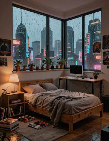 Cyberpunk bedroom interior illu