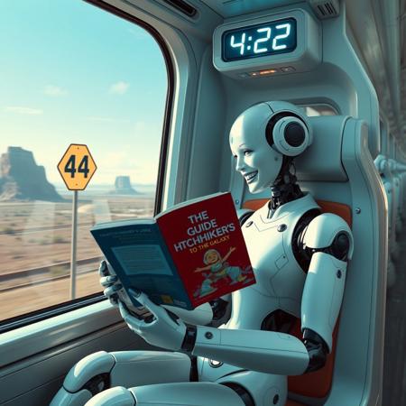 Robot humanoid woman sitting in futuristic train and reading a book "The Hitchhiker's Guide to the Galaxy", she is laughing. Train is passing by post with sign 42. There is electronic clock showing time 4:42 in train. train is passing by futuristic landscape.