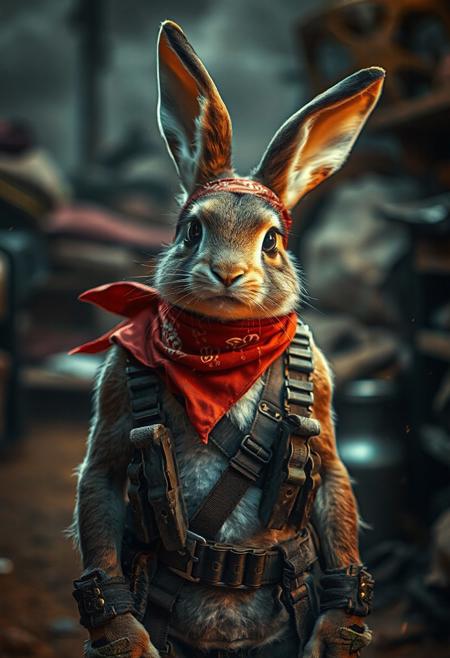 A high quality photo of a battle bunny with ammo belts and red bandana. dust in the air, effortlessly chic, beautiful, artistic, serene, detailed, slightly cluttered environment. High detail, heavy use of depth of field, 4k, super realistic, real photo, shot on Canon, camera, orange dreamy lighting, muted colors, zoomed out,