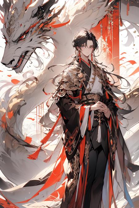 , (masterpiece:1.2), best quality,PIXIV,midjourney portrait,
long hair, hanfu, 1boy, flower, male focus, chinese clothes, holding, jewelry, full body, earrings, white flower, long sleeves, standing, tassel, wide sleeves, dragon, solo, black hair, parted bangs, very long hair, grey hair, multicolored hair, holding flower, looking at viewer, tassel earrings, closed mouth, bangs, white hair
<lora:midjourney portrait_20230625143136:0.9>