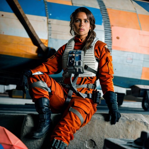 lara croft sitting in rebel pilot suit<lora:rebelpilotsuit:1>  in airforce hangar,  RAW photo, 8k uhd, dslr, soft lighting...