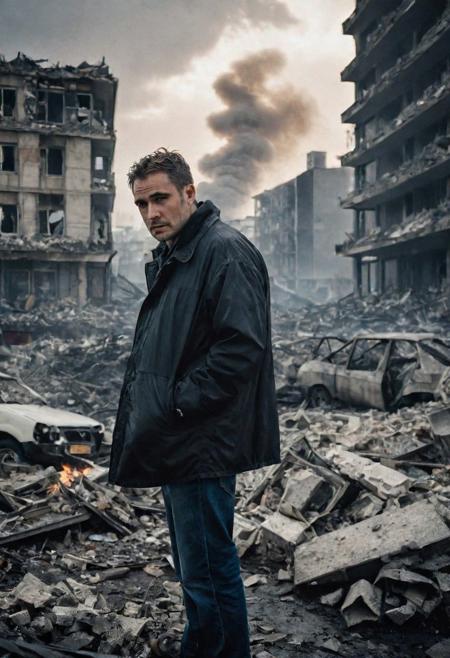 Photo of a man who is standing looking at how his city has been destroyed by a nuclear bomb. He has just arrived at the disaster and observes the horror of the destruction, ruined buildings full of smoke and flames, ground full of rubble with skeletons lying around In the dawn light floods the scene, the man is completely dressed in normal clothes and wet, he is dirty, everything is a disaster, the sky is cloudy and it is raining, , Fujifilm XT3,film still,film grain,cinematic,soldier accessories,war style, professional photo,best quality and best aesthetic,Award-winning artistic photos,Outdoors,public places,defeated posture, ( detailed in background:1.6)Serious,Curi