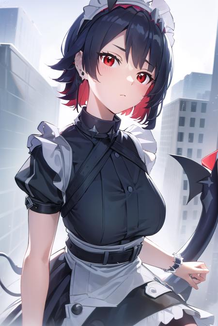 ellenjoe, <lora:ellen joe-lora-nochekaiser:1>,
ellen joe, black hair, colored inner hair, multicolored hair, (red eyes:1.3), red hair, short hair, two-tone hair,
BREAK bapron, black pantyhose, black shirt, black skirt, ear piercing, fins, fish tail, maid, maid apron, maid headdress, pantyhose, piercing, puffy short sleeves, puffy sleeves, shark girl, shark tail, shirt, short sleeves, skirt, tail, two-tone hair, wrist cuffs,
BREAK outdoors, city, sky, clouds, sun, buildings, crowd, people, alley,
BREAK looking at viewer, (cowboy shot:1.5),
BREAK <lyco:GoodHands-beta2:1>, (masterpiece:1.2), best quality, high resolution, unity 8k wallpaper, (illustration:0.8), (beautiful detailed eyes:1.6), extremely detailed face, perfect lighting, extremely detailed CG, (perfect hands, perfect anatomy),