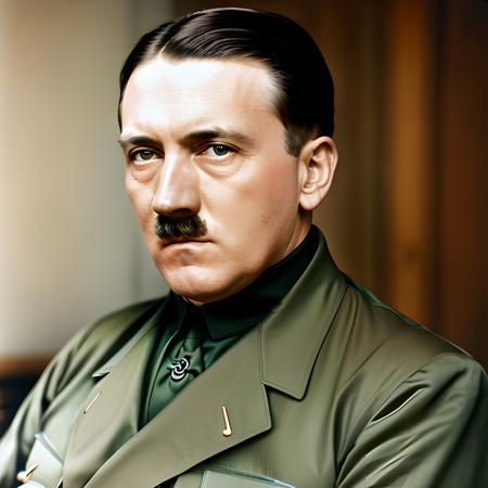 RAW photo, photo of AdolfHitler, in color, wearing formal uniform, (high detailed skin:1.2), 8k uhd, dslr, high quality, intricate detail,  <lora:Adolf-Diffusion:0.85>