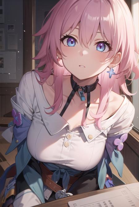 marchseventh, <lora:marchseventh-lora-nochekaiser:1>, 
march seventh, blue eyes, hair between eyes, medium hair, pink eyes, pink hair, two-tone eyes,
BREAK ankle boots, archery shooting glove, badge, bare legs, black choker, black corset, black footwear, black gloves, blue jacket, blue skirt, boots, button badge, buttons, choker, collarbone, corset, earrings, flower ornament, gloves, high heel boots, high heels, jacket, jewelry, long sleeves, miniskirt, partially fingerless gloves, pleated skirt, shirt, single earring, single glove, skirt, thigh strap, tied jacket, underbust, white shirt
BREAK looking at viewer, 
BREAK indoors, classroom,
BREAK <lyco:GoodHands-beta2:1>, (masterpiece:1.2), best quality, high resolution, unity 8k wallpaper, (illustration:0.8), (beautiful detailed eyes:1.6), extremely detailed face, perfect lighting, extremely detailed CG, (perfect hands, perfect anatomy),