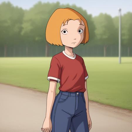 lormcquarrie, 1girl, solo, blonde hair, short hair, black eyes, red shirt, short sleeves, blue pants