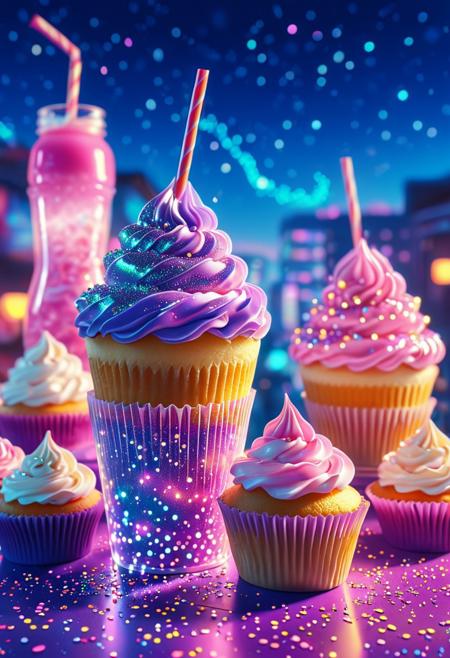 An alluring visual of delectable sparkle cupcakes accompanied by a milkshake, crafted in the captivating vaporwave anime art style.