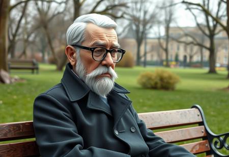 A highly detailed, semi-realistic 3D digital illustration style, long distance, full body view of an dignified and wise writer sitting on a bench in the park, looking disappointed, tired. His short white hair is combed back from his forehead, revealing a slightly receding hairline. A neatly groomed white beard, Long  sideburns. Mustache neatly curved along his upper lip. Chiseled, narrow face with a strong jawline and prominent cheekbones. Thick, arched eyebrows sit above round, black-framed glasses on his sharp, narrow nose. His pale, healthy skin shows fine lines that reflect his experiences, with a slight rosiness in his cheeks. He wears a long black trenchcoat.  Green Park, Spring, cold weather.
