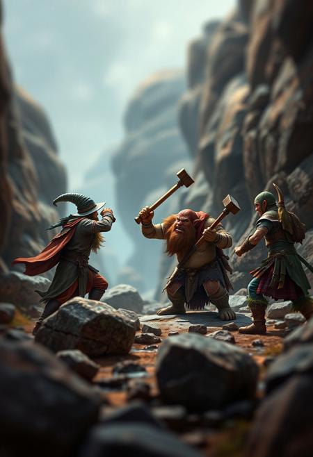 score_9, score_8_up, score_7_up, photo bokeh, blurred background
Dungeons and Dragons 
a group of adventurers with a human wizard, a gnome thief, a dwarf fighter, and an elf ranger are fighting a group of 3 trolls with large clubs
They are in a dark valley strewn with large boulders