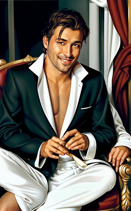 <lora:TDLP:0.6> painting of a handsome man smiling with messy hair and a stubble chin holding a cigar, relaxing in a chair wearing a white bath-robe with gold trim, dark interior,  <lora:epiNoiseoffset_v2:0.6>