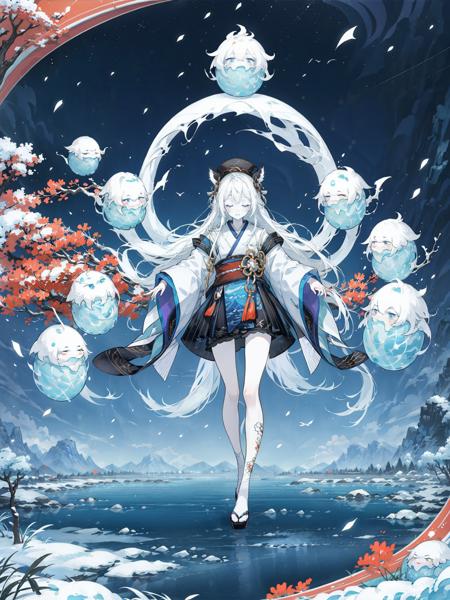 colorful, HEZI, Onmyoji, Japanese style of play, game drawing, 1girl, blue eyes, snow, sandals, outdoors, standing, tail, holding, bandaid, hat, tree, snowing, white headwear, white skin, colored skin, long sleeves, white hair, ghost, solo, night, leaf, bandaid on leg, sky, japanese clothes, full body, mountain, pale skin, branch, bird, tiger tail, looking at viewer, kimono, closed mouth, long hair, star \(sky\), lantern, moon, monster girl, socks, black footwear, starry sky, bandaid on knee, paintbrush, white socks, night sky, >_<, sash, expressionless, floating, geta, mountainous horizon, water, nature, closed eyes, lake, animal ears, rock, shadow,<lora:é´é³å¸ç«ç»-000009:0.6>,