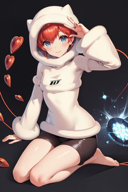 p5sophia, detached hair, heart long sleeves, black shorts white hoodie, hood up, long sleeves, black shorts