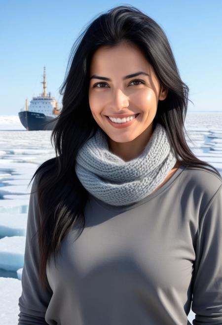 ninet tayeb woman, closeup illustration, looking at viewer, black hair, smile, grin, lips, modest Gray shirt, 
at background  A frozen wasteland where the sea has turned to ice, trapping ships and sea creatures alike, visible below the clear ice under a pale winter sun. ,tv_Nina_Vesta_MX_V1
<lora:flux_ninet_tayeb:1.0>