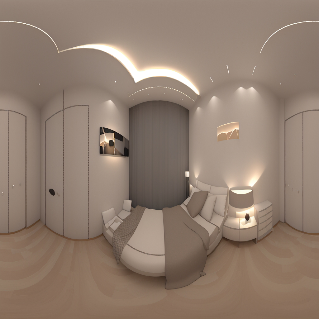 an architectural rendering of a bedroom interior, night, qxj <lora:360Diffusion_v1:1>