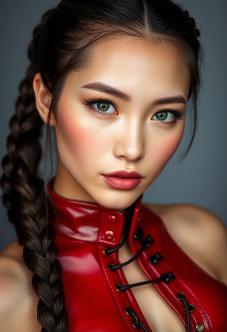score_9, score_8_up, score_7_up, score_6_up, score_5_up, score_4_up, 1woman, , RAW photo, (freckles:0.8), long braided top ponytail, Brunette hair with teal tips, medium close-up shot front view, red latex corset (busty 44d:1.5), extremely detailed, beautiful detailed neon green speckled eyes, full lips, almond skin, neutral expression, neutral gray background, studio lighting , in the style of (kyuYong Eom:1.0)
