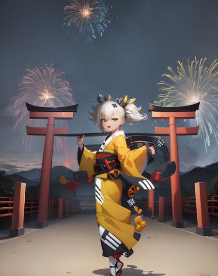 (extremely detailed CG unity 8k wallpaper),(masterpiece), (best quality), (ultra-detailed), (best illustration),(best shadow), (sharp eyeliner, eyeshadow, detailed eyes:1.1), full body, night sky, fireworks, torii, mountains
,BREAK
(klinyukata:1.2), twintails
 <lora:Klin:1>