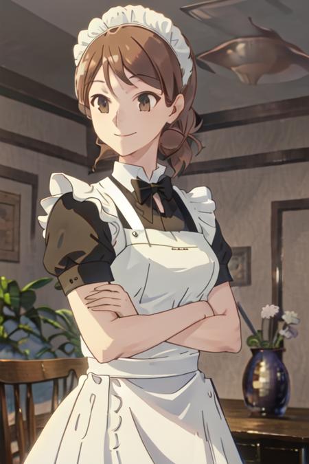 best quality, masterpiece, highres, solo, {maid:1.40}, {long maid dress:1.15}, {hagozaki_riko_yagatekimininaru:1.15}, brown_hair, brown_eyes, short_hair, smile