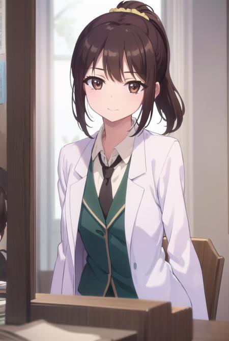 rikashiguma, <lora:rika shiguma s2-lora-nochekaiser:1>,
rika shiguma, brown hair, (brown eyes:1.3), ponytail, glasses, scrunchie, yellow scrunchie, smile,
BREAK school uniform, necktie, labcoat,
BREAK indoors, classroom,
BREAK looking at viewer, (cowboy shot:1.5),
BREAK <lyco:GoodHands-beta2:1>, (masterpiece:1.2), best quality, high resolution, unity 8k wallpaper, (illustration:0.8), (beautiful detailed eyes:1.6), extremely detailed face, perfect lighting, extremely detailed CG, (perfect hands, perfect anatomy),