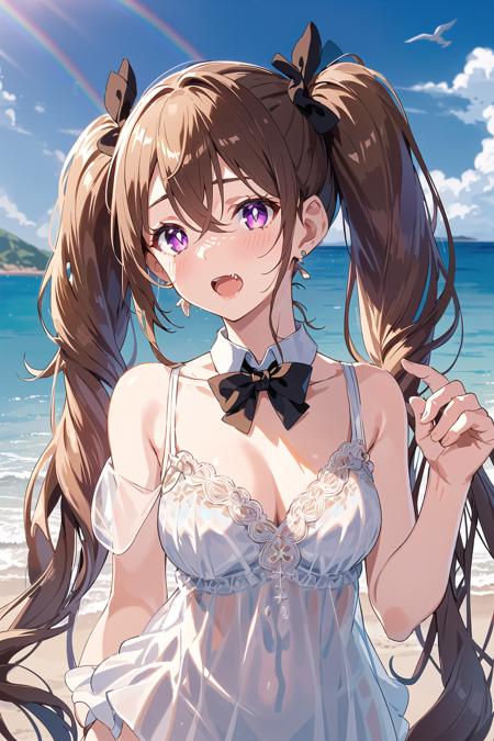 1girl, shell necklace,shell,shell earrings, purple eyes, blush, long hair, twintails,brown hair, see-through,  swimsuit under clothes, wedding dress,   dress,  hair between eyes,  open mouth, low twintails, very long hair,  breasts,blonde hair, {{{ocean}}}, solo focus, bangs, hair between eyes,black bow, open mouth, low twintails,fang, bowtie, cheek pinching, lace, cross-laced clothes ,  rainbow, seagulls,  cloudy sky,  sea spray, dolphin,  island,  glitter,  eye glitter,  upper body,