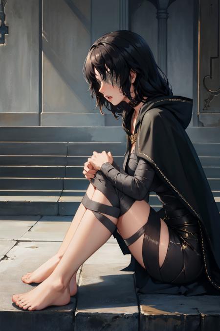 maideninblack cape, black dress, bandages, covered eyes, bare feet
