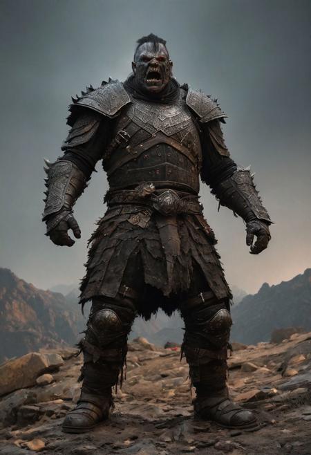 Front view, Low angle, full shot of a Mordor Orc, perfect hands, dirt leather armour, barbarian grunge clothes, standing pose, hieratic, imposing, at night, wind, top light, at The Battlefield, masterful painting in the style of Anders Zorn | Marco Mazzoni | Yuri Ivanovich, Todd McFarlane, oil on canvas